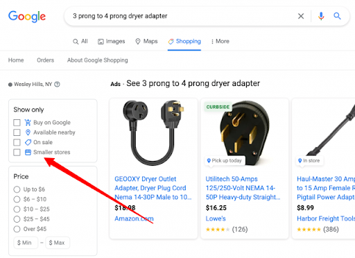 Filter op ‘’Smaller Stores’’ in Google Shopping